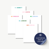 a set of personalized name cards with names written on them, along with a sticker that says "CUSTOMIZE TEXT & COLORS".