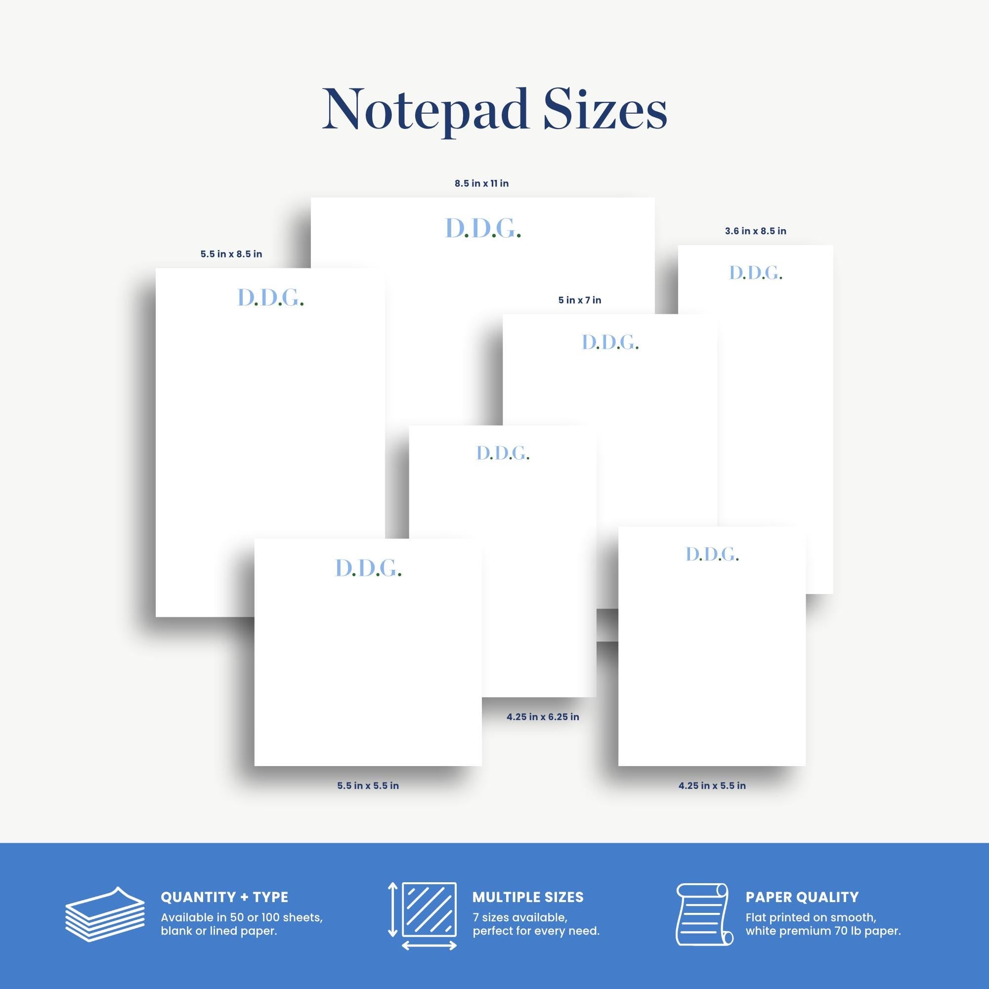 a variety of notepad sizes, including 5.5 x 6.5 inches, 3.5 x 6.5 inches, and 4.5 x 5.5 inches, as well as a collection of paper sizes, such as 5.5 x 6.5 inches, 4.5 x 5.5 inches, and 3.5 x 6.5 inches. The image also includes text providing information about the different notepad sizes and their corresponding dimensions.