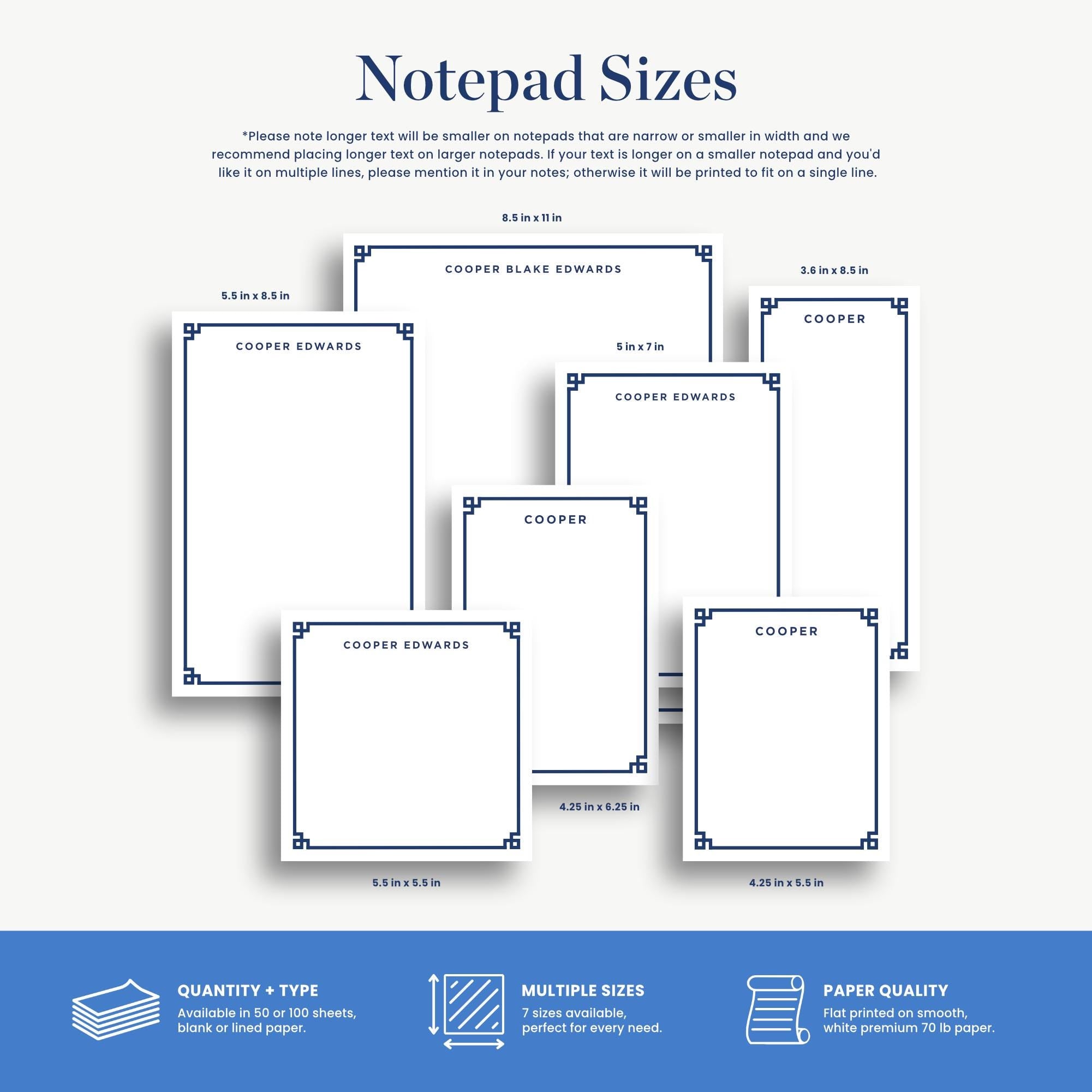 The image is a collection of different notebook sizes, including 5.5 x 5.5, 5.5 x 6.5, and 5.5 x 7.5, as well as a note pad with a blank page.