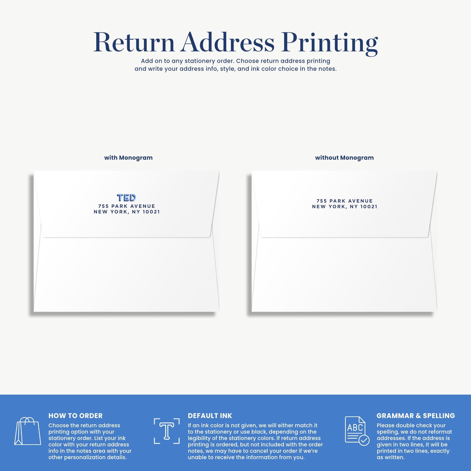 The image is a return address printing guide that provides instructions on how to order return address printing. It includes details on how to choose the return address, color options, and personalization details.